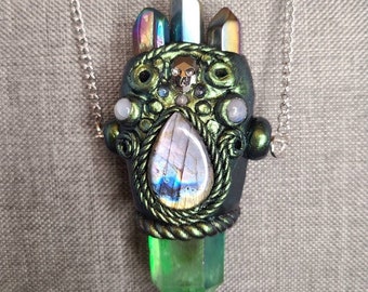 Rainbow labradorite amulet, protection talisman, pagan wicca gifts, witch wear, gifts for her, magical wand, magical neclace