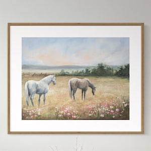 Horses Grazing Landscape Art Print, Vintage Landscape Oil Painting, Spring Scenery Art, Summer Wall Art, Farmhouse Decor, Western Style Art