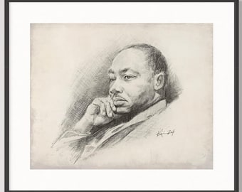 May include: Black and white pencil drawing of Martin Luther King Jr. in profile, looking to the right, with his chin resting on his hand. The drawing is signed "Kiz 24" in the bottom right corner.