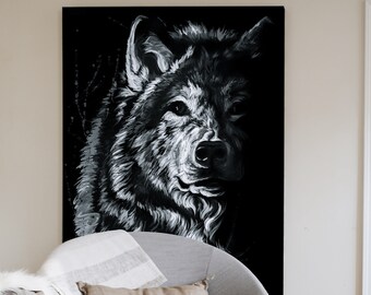 Wolf Art Print, Wolf Painting, Grey Wolf Painting, Timberwolf Art, Shadow Wolf, Black and White, Wildlife Art, Animal Art, Wolf Gift