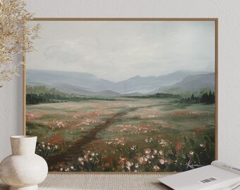 Vintage Flower Field Giclee Art Print, Farmhouse Decor Landscape Painting