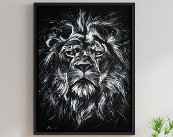 Lion Art Print, Lion Painting, Wildlife Art, African Safari Art, Animal Art, Wildlife Lovers Gift, Black and White Art, Animal Abstract