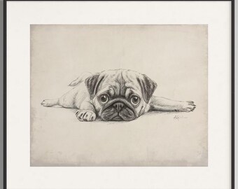 Napping Pug Giclee Art Print, Sleeping Puppy Drawing