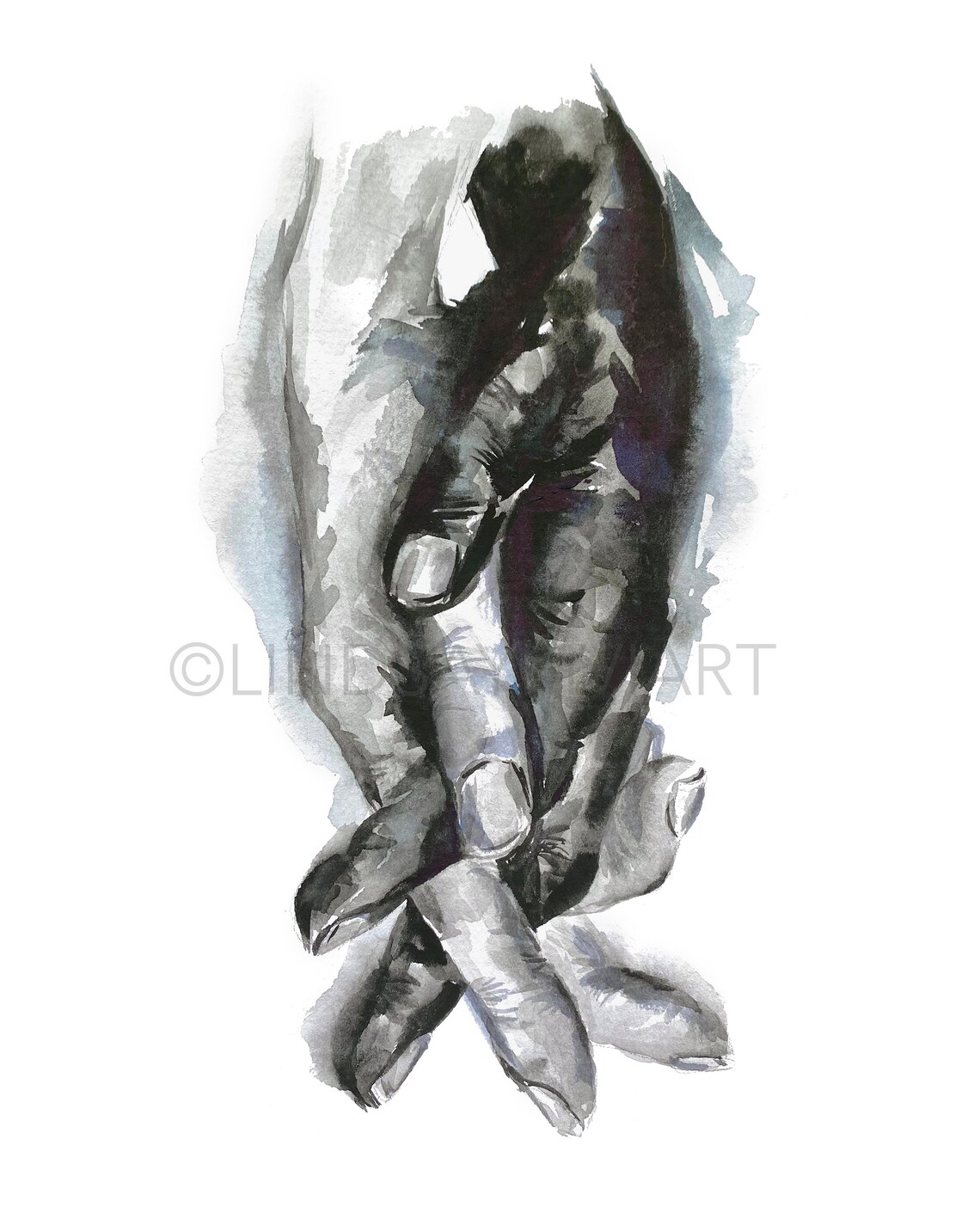 Black and White Hands Art Print, Holding Hands Watercolor, Black and