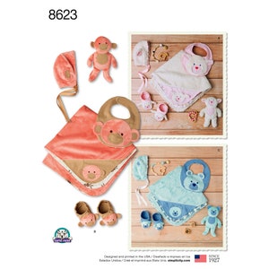 Simplicity Pattern 8623, Baby Accessories - Hat, Bib, Booties, Stuffie, and Blanket, UNCUT Sewing Pattern