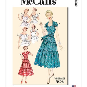 May include: Vintage McCall's sewing pattern number 8280 for a dress with a sweetheart neckline and a tiered skirt. The pattern includes four different views, including a dress with a bow at the waist and a dress with a ruffled skirt.