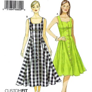May include: A sewing pattern for a sleeveless dress with a button-up front. The pattern is for sizes 6-8-10-12-14 and includes instructions for custom fit for A, B, C, and D cup sizes. The pattern is called "Very Easy Vogue" and has the number V9182.