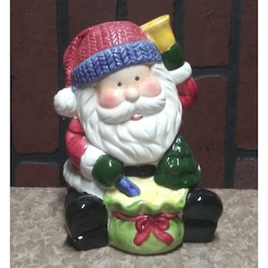 Santa Claus cookie jar Vintage 9&quot; tall Santa sitting with gift bag ceramic EUC