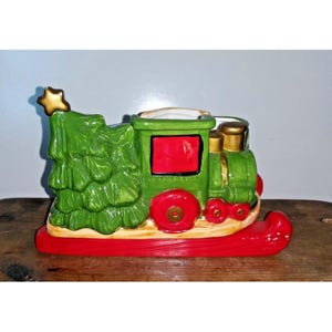 Vintage Santa Sleigh Candy dish Ceramic w/Christmas tree TRAIN gifts plane EUC