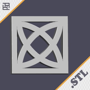 May include: A light gray square tile featuring a cutout design of four intersecting curved lines that form a central diamond shape. The object is presented on a dark gray background with a white textured corner and the text STL in the bottom corner.