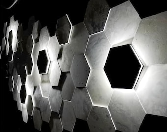 May include: A wall covered in white hexagonal tiles with a black center. The tiles are arranged in a pattern and create a modern and geometric look.