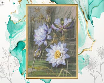 Water Lily Cross Stitch Pattern, Blue White Flower Embroidery, Ellis Rowan, Pattern Keeper Compatible, Printable PDF Digital Download