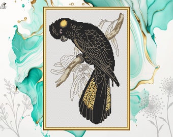 Yellow-tailed Black Cockatoo cross stitch pattern, Elizabeth Gould Australian Native bird animal embroidery design PDF digital download