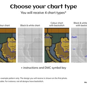 May include: Four different cross-stitch chart options for a colorful design. The charts include a color chart, a black and white chart, a color chart with backstitch, and a black and white chart with backstitch. The design features a lantern and a floral motif. The text "Choose your chart type" and "You will receive 4 chart types*" is at the top of the image. The text "* If applicable. For instance, not all designs have backstitch." is at the bottom of the image.
