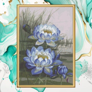 Blue Cloud Water Lily cross stitch pattern, Pattern Keeper tested version available. PDF digital download.