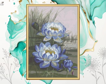 Water Lily Cross Stitch Pattern, Blue Cloud Flower Embroidery, Ellis Rowan, Pattern Keeper Compatible, Printable PDF Digital Download