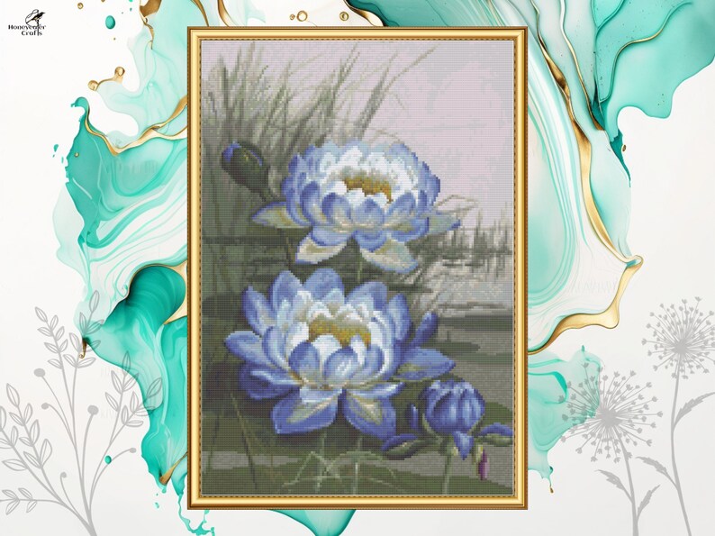 Blue Cloud Water Lily cross stitch pattern, Pattern Keeper tested version available. PDF digital download.