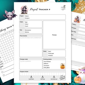 Accessoire de planification au point de croix, suivi de projet de broderie sur le thème d'Halloween, journal organisateur d'artisanat imprimable effrayant, téléchargement numérique PDF