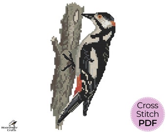 Woodpecker cross stitch pattern PDF, Bird embroidery design digital download, Printable chart, Craft gift