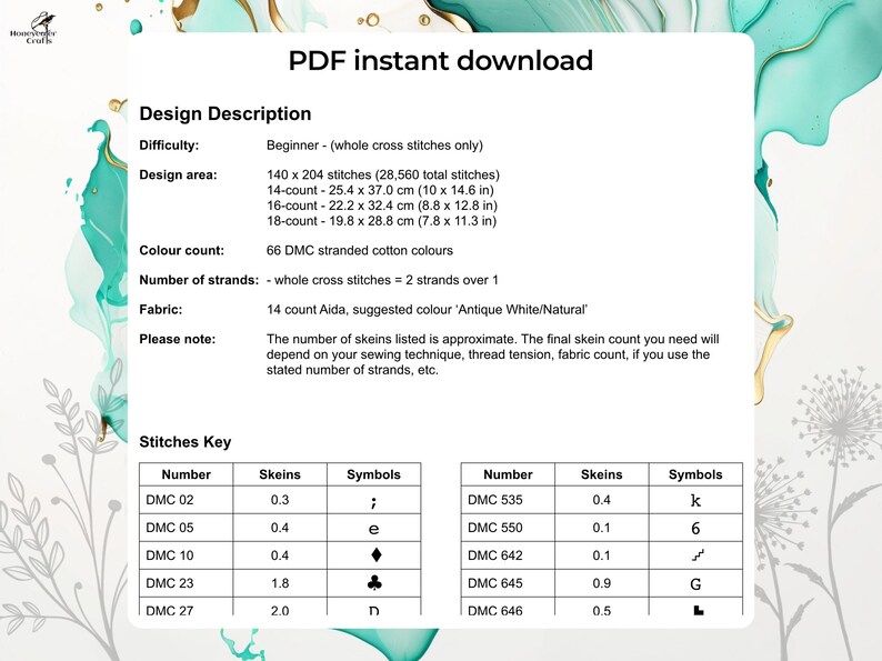 Stitching details of the Blue Cloud Water Lily embroidery design. PDF digital download.