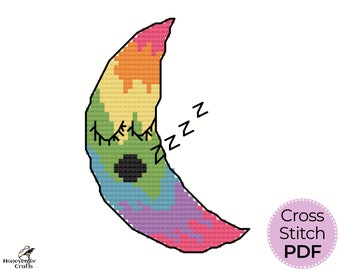 Rainbow Crescent Moon cross stitch pattern, Easy beginners multicoloured embroidery design PDF digital download