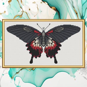 May include: Cross stitch pattern of a black and red butterfly with white accents. The butterfly is centered on a white background.
