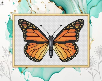 Monarch butterfly cross stitch pattern, Modern nature insect animal embroidery design, PDF digital download