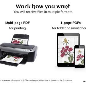 May include: A printer with a multi-page PDF document in the tray and a tablet and smartphone displaying a single-page PDF document. The text on the image reads "Work how you want. You will receive files in multiple formats. Multi-page PDF for printing. 1-page PDFs for tablet or smartphone. This is an example pattern only. The design you will receive is shown on the first photo."