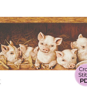Gráfico de padrões de ponto cruz de leitões, design de bordado de animais de cinco porcos, decoração de berçário, download digital para impressão PDF