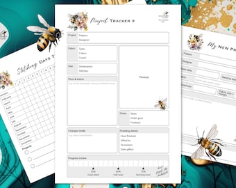 Cross Stitch Planner, Bee Themed Embroidery Project Tracker Accessories, Bees Printable Craft Organiser Journal, PDF digital download