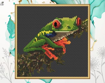 Red-Eyed Tree Frog Cross Stitch Pattern, Reptile Animal Nature Embroidery, Pattern Keeper Compatible, Printable PDF Digital Download 1