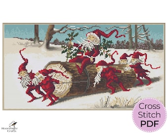 Santa Elves christmas cross stitch pattern PDF, Vintage photo, Embroidery gifts