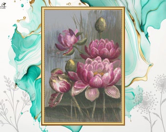 Pink Water Lily Cross Stitch Pattern, Floral Embroidery Design, Ellis Rowan, Pattern Keeper Compatible, Printable PDF Digital Download