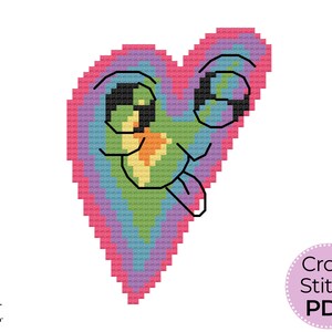 Liefde hart kruissteekpatroongrafiek, regenboog kawaii gemakkelijk handborduurontwerp, schattige geteld handwerkgrafiek voor beginners, digitale download