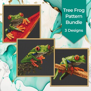 May include: A bundle of three cross-stitch patterns featuring green tree frogs with red eyes. The frogs are sitting on a leaf, a branch, and a twig. The patterns are titled "Tree Frog Pattern Bundle" and "3 Designs".
