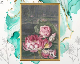 Sacred Lotus Cross Stitch Pattern, Water Lily Flower Embroidery, Ellis Rowan, Pattern Keeper Compatible, Printable PDF Digital Download