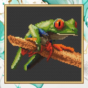 Patrón de punto de cruz de rana arborícola de ojos rojos, bordado de naturaleza animal reptil, compatible con guardián de patrones, descarga digital PDF imprimible 3