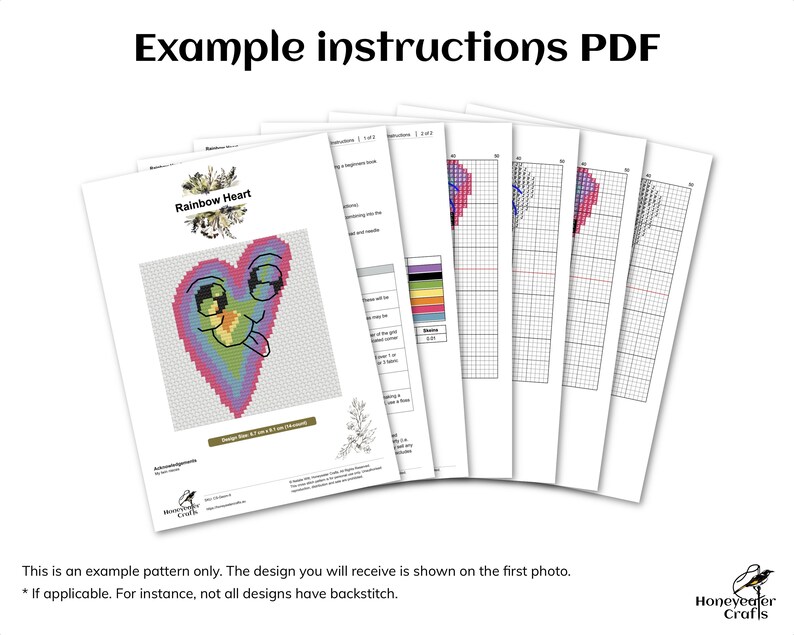 May include: A cross-stitch pattern for a rainbow heart with a smiling face and a tongue sticking out. The pattern is on a white sheet of paper with the title "Rainbow Heart" at the top. The pattern is part of a set of instructions for a cross-stitch project.