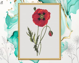Poppy Cross Stitch Pattern, Anzac Day Remembrance Day Flower Nature Embroidery, Pattern Keeper Compatible, Printable PDF Digital Download