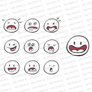 Cliparty Emoji, Czarno-białe Emoji, Emocje, Emotikony, Antropomorficzna buźka, Zestaw ikon, Zarys, Grafika liniowa, Rysowane ręcznie, Niezadowolony