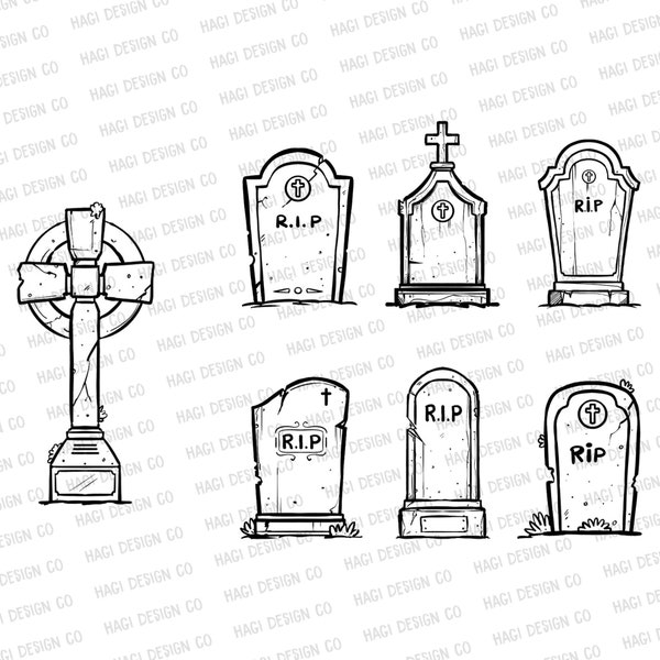 Sketch Tombstone Outlines, Halloween Cliparts, Grave, Cemetery, Tomb, Christianity, Gothic, Spooky, Horror, Dead, Death, Religious Cross