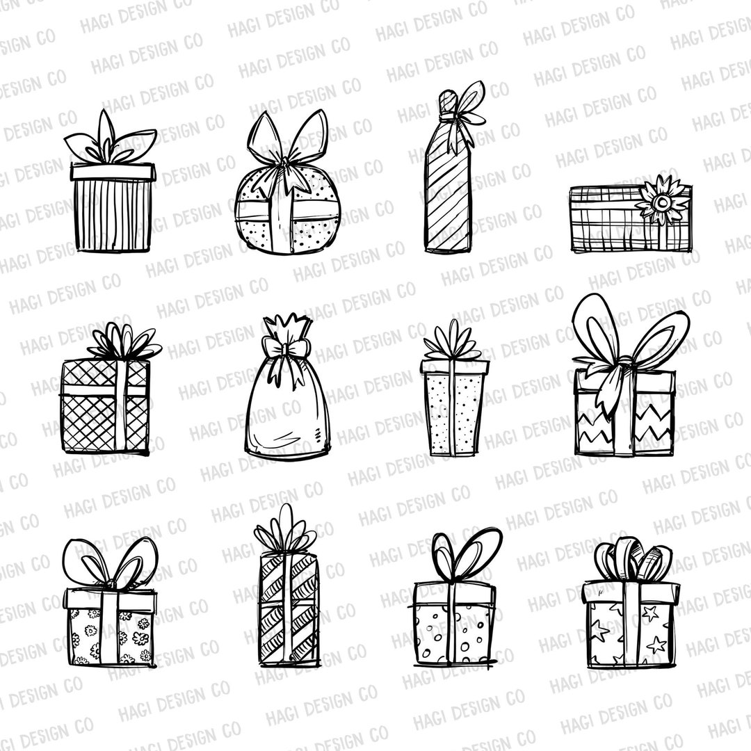 Sketch Gifts Clipart, Black and White, Gift Outline, Christmas Present