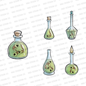 Halloween Magic Potion Bottles Clipart, Eyeballs in Bottles PNG, Witches Potions, Spooky, Horror, Cute Cartoon Clip Art, Scary, Containers