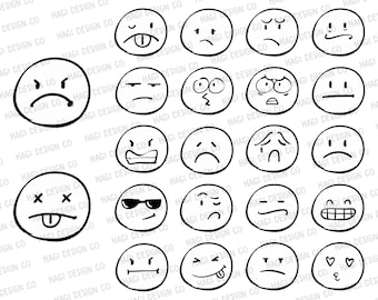 May include: A set of 20 black and white hand-drawn cartoon faces with different expressions. The faces are all circles with various features like eyes, mouths, eyebrows, and noses.