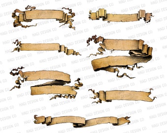 Ribbon Cliparts, Vintage Banner Elements PNG Files, Hand Drawn, Sketch, Retro Style, Old Designs, Engraved Calligraphic Part, Drawing, Flags