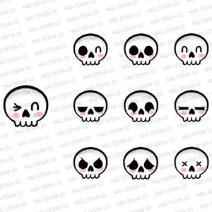 Cliparty czaszki, zabawna słodka grafika szkieletu głowy, rysunek Halloween, clipart czaszki ludzkiej, straszne, horror, pliki PNG z emocjami czaszki