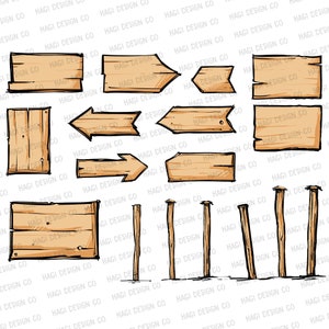 Imágenes prediseñadas de signos de madera, Bordes de madera de boceto, Gráficos de marco de madera, Señales direccionales, Postes de señalización de madera, Flechas, Tablones, Postes, Banners, Tableros