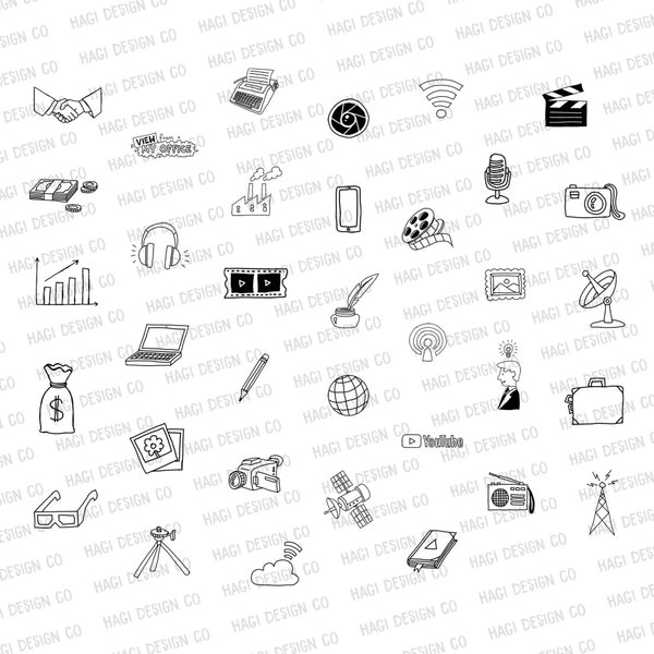 Business Icon Cliparts, Black and White Icons, Hand Drawn, Telecom, Social Media, Progress, Finance, Office, Icon Drawing, Graphic Designs