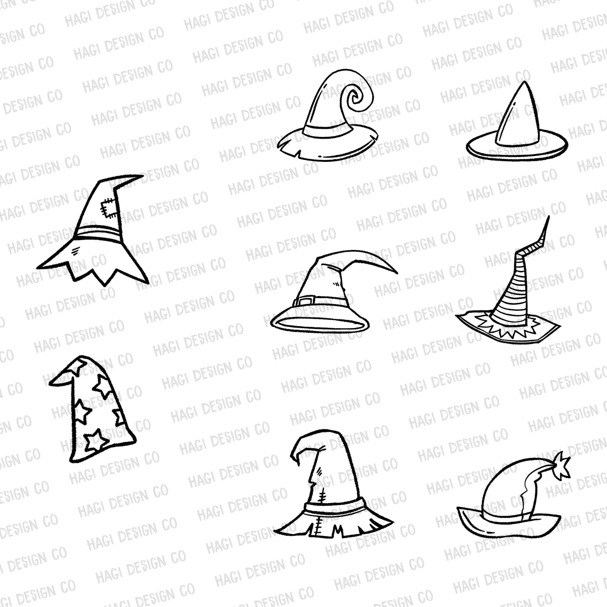 Witch Hat Outlines, Cute Cartoon Pointy Hats, Halloween, Spooky, Tradition, Holiday Graphics, Magic Hat, Fantasy Hats, Wizard Hat Clipart BW