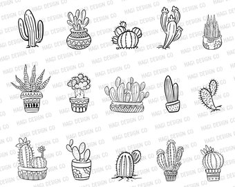 Cactus Cliparts, Prickly Pear Cactus Outline, Black and White, Cactus Flower Graphics, Cacti in Pots, Succulent Plant Download, Houseplant